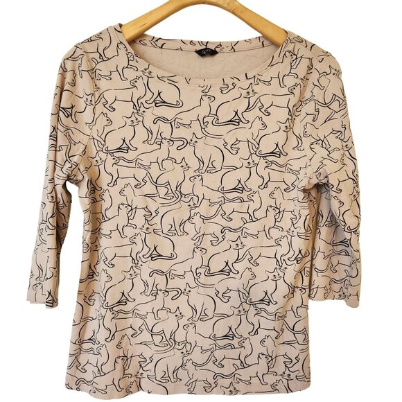 Kitty Cat Print Top Shirt Tan Black Whimsigoth Witchy Halloween Spirit Fairycore - Picture 2 of 15